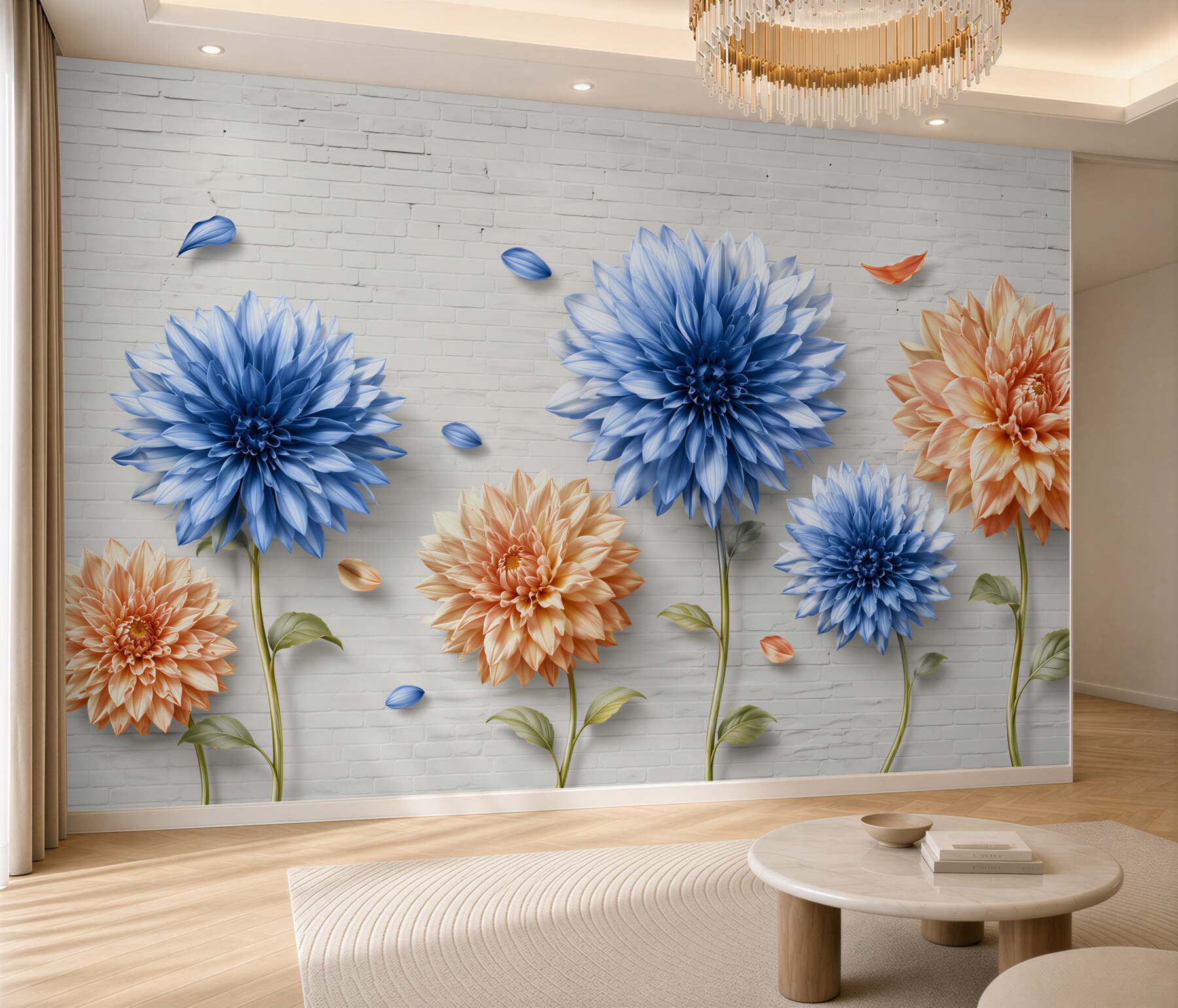 Papier peint Fleurs brunes et bleues sur fond en briques