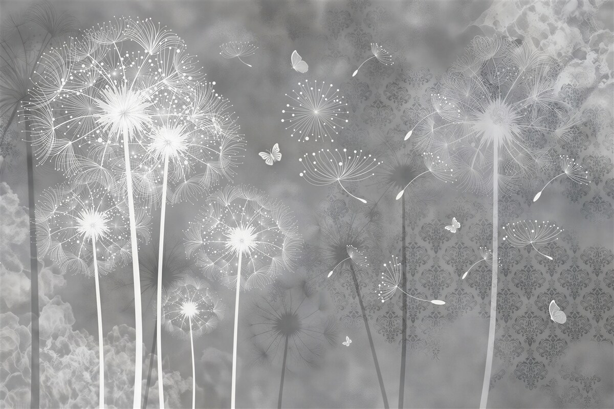 Papier peint Fond gris avec des silhouettes blanches de pissenlits