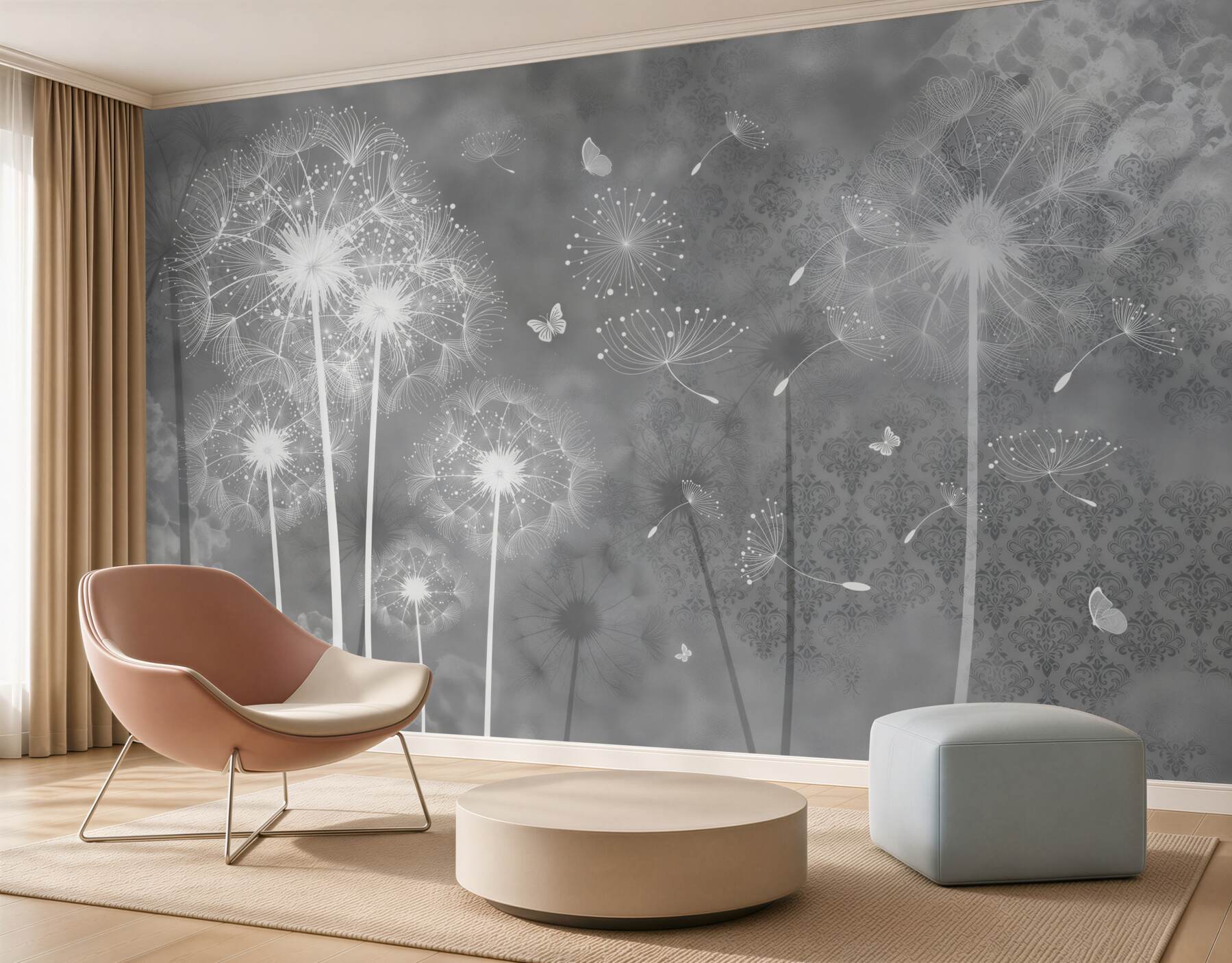 Papier peint Fond gris avec des silhouettes blanches de pissenlits