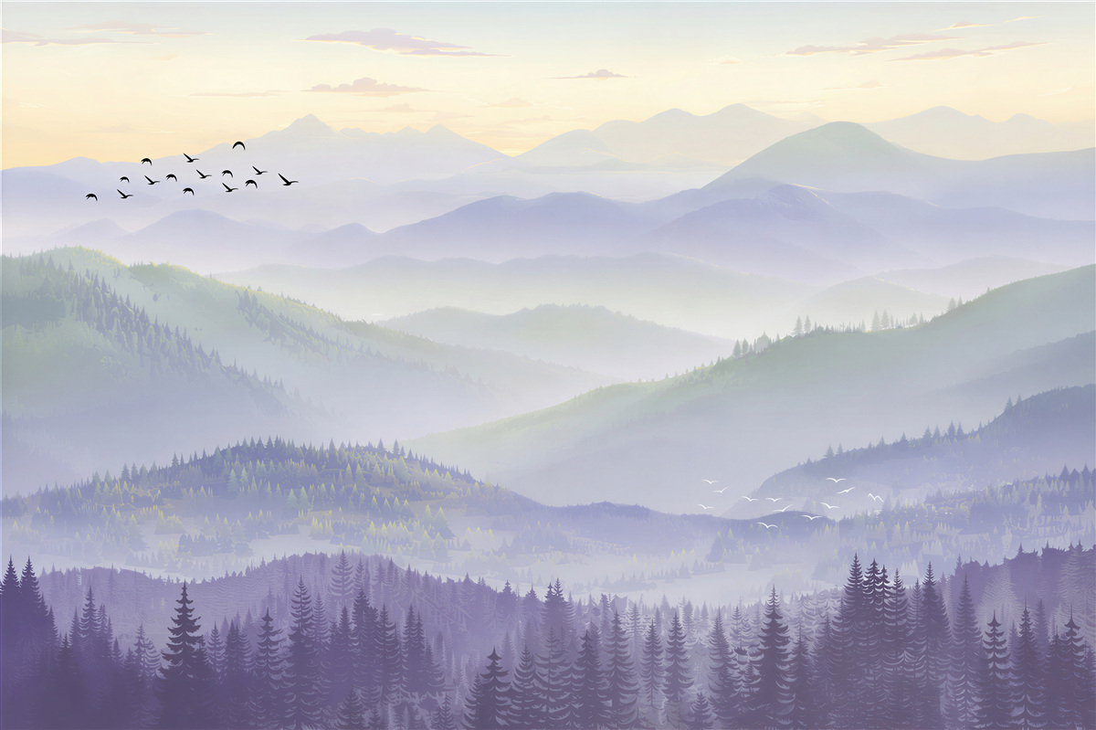 Papier peint oiseaux volant dans une forêt endormie