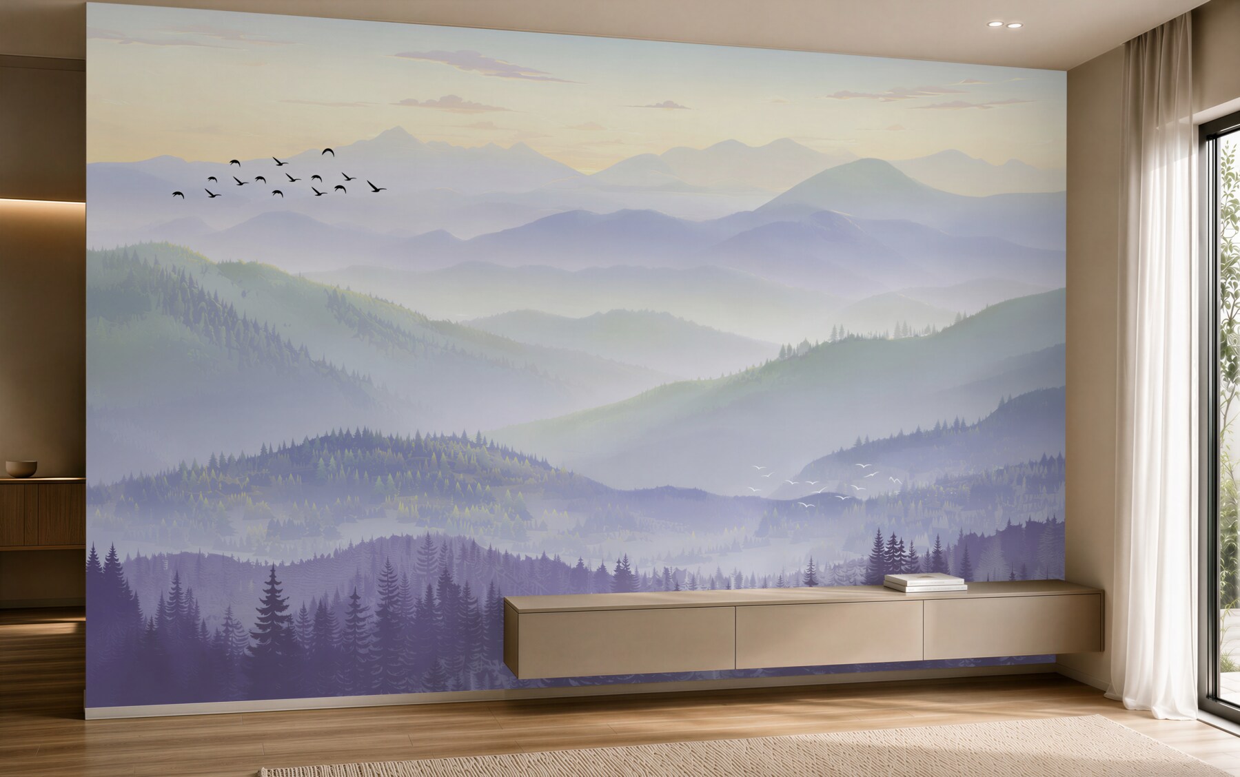 Papier peint oiseaux volant dans une forêt endormie