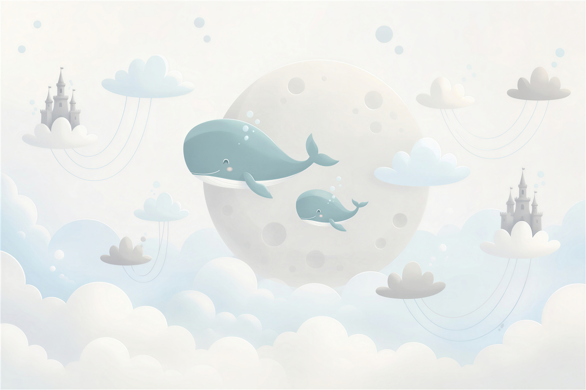 Papier peint famille de baleines volant dans les nuages