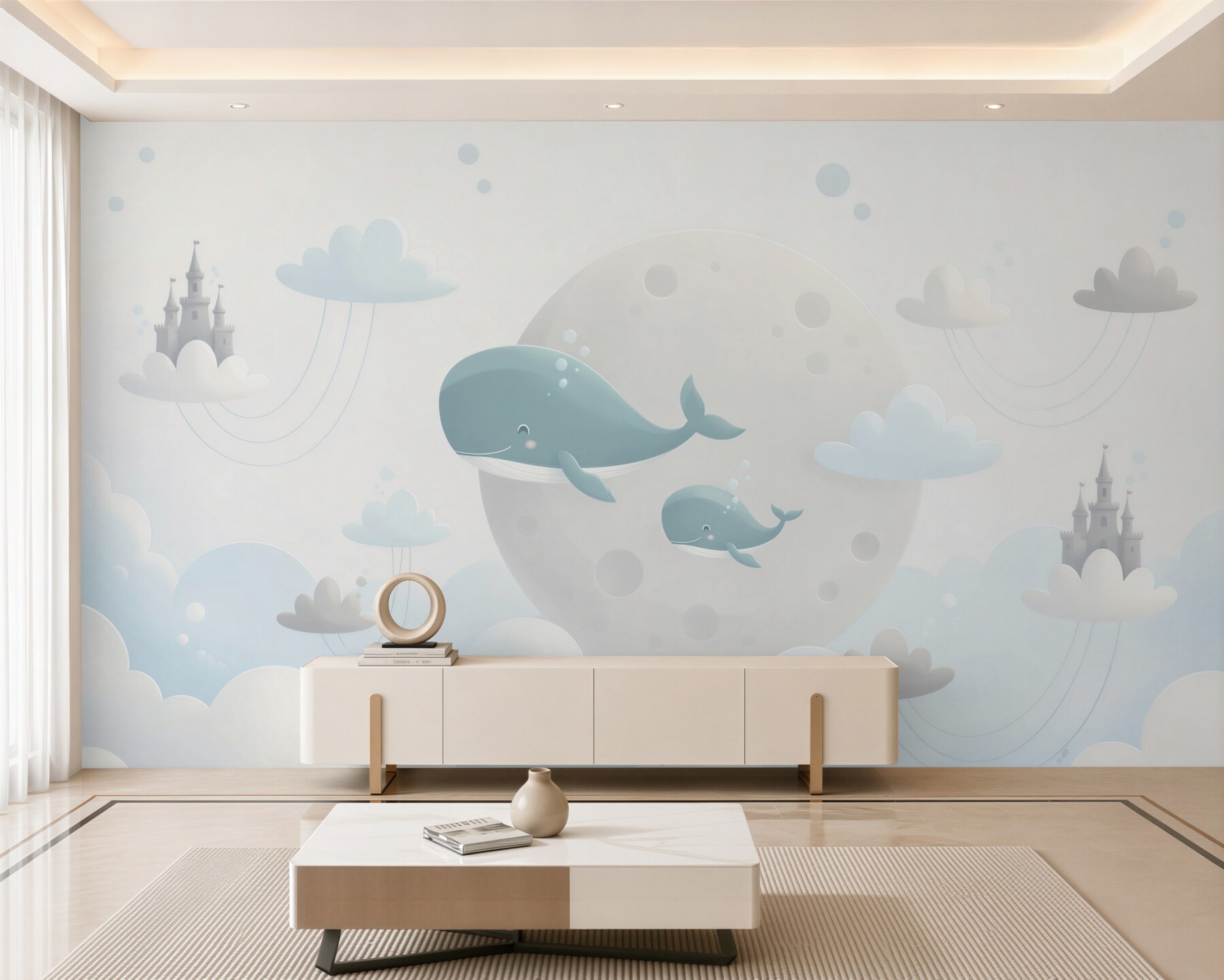 Papier peint famille de baleines volant dans les nuages