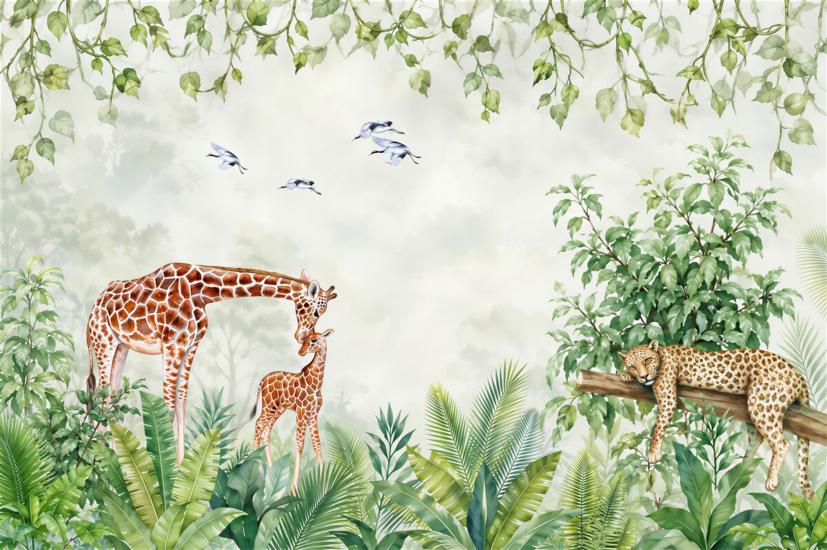 Papier peint Girafe et tigres se reposent dans la jungle