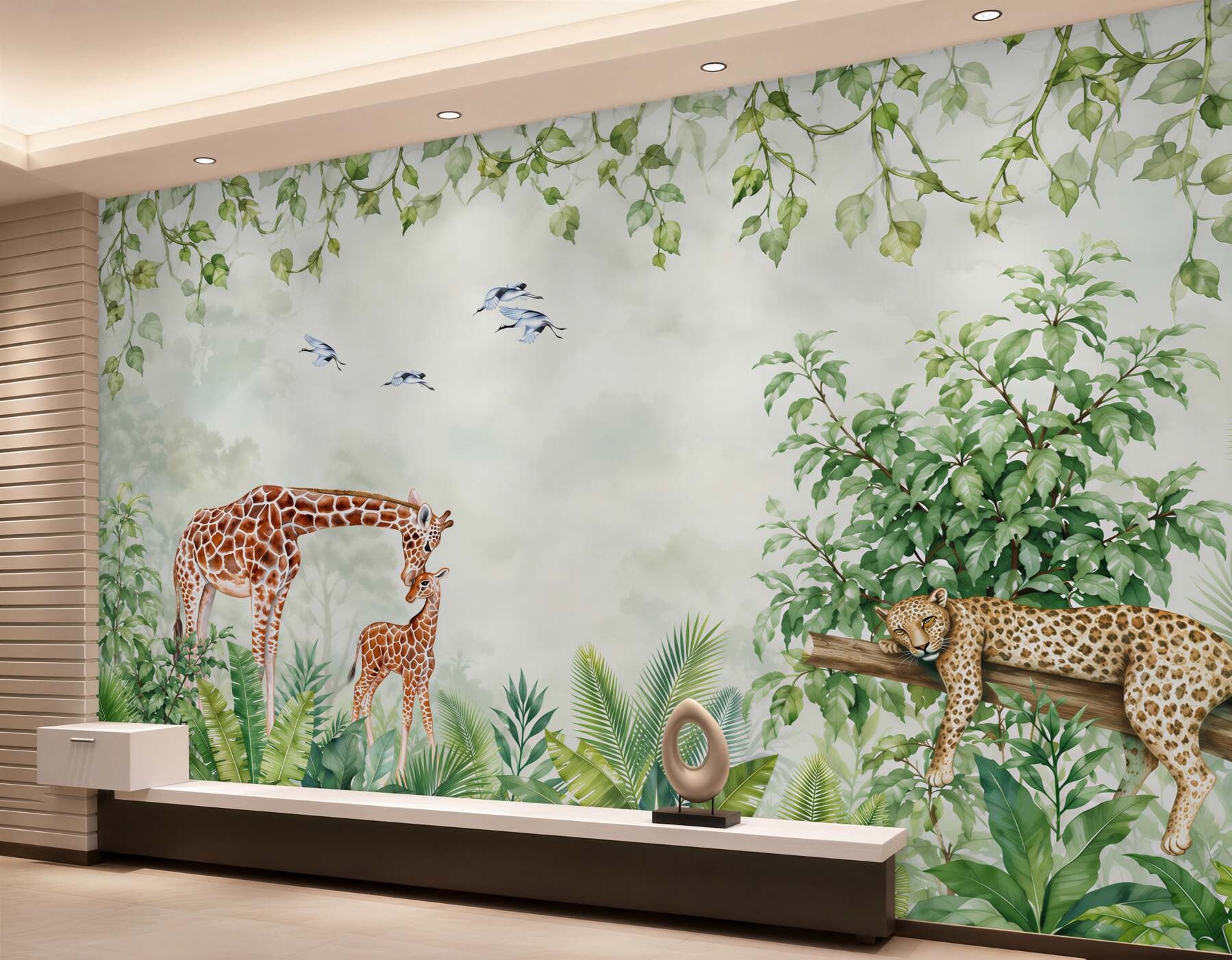Papier peint Girafe et tigres se reposent dans la jungle