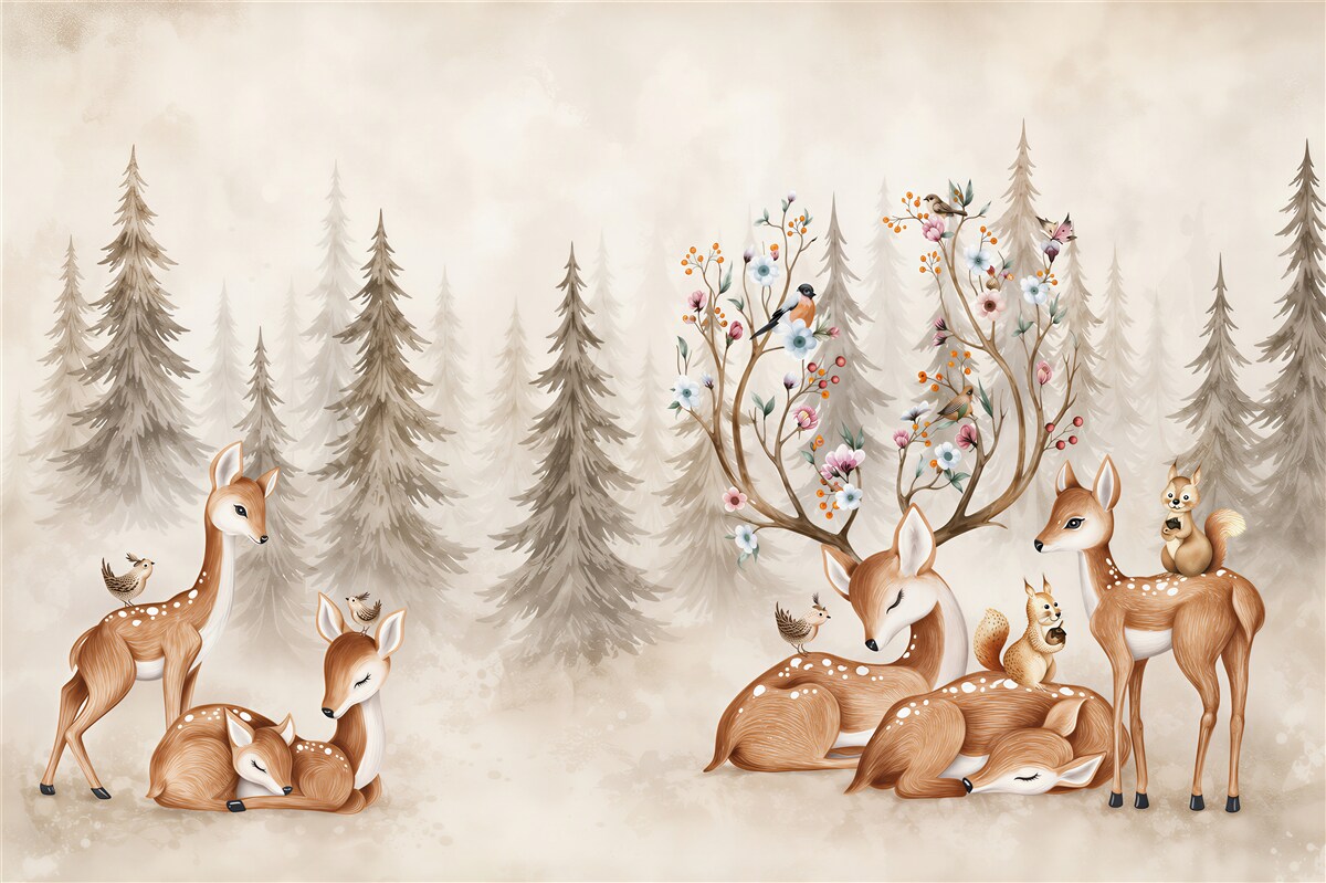 Papier peint Grande famille de cerfs se repose dans la forêt