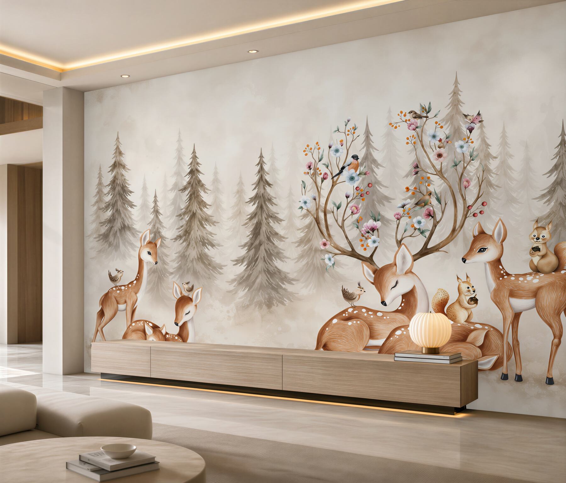Papier peint Grande famille de cerfs se repose dans la forêt