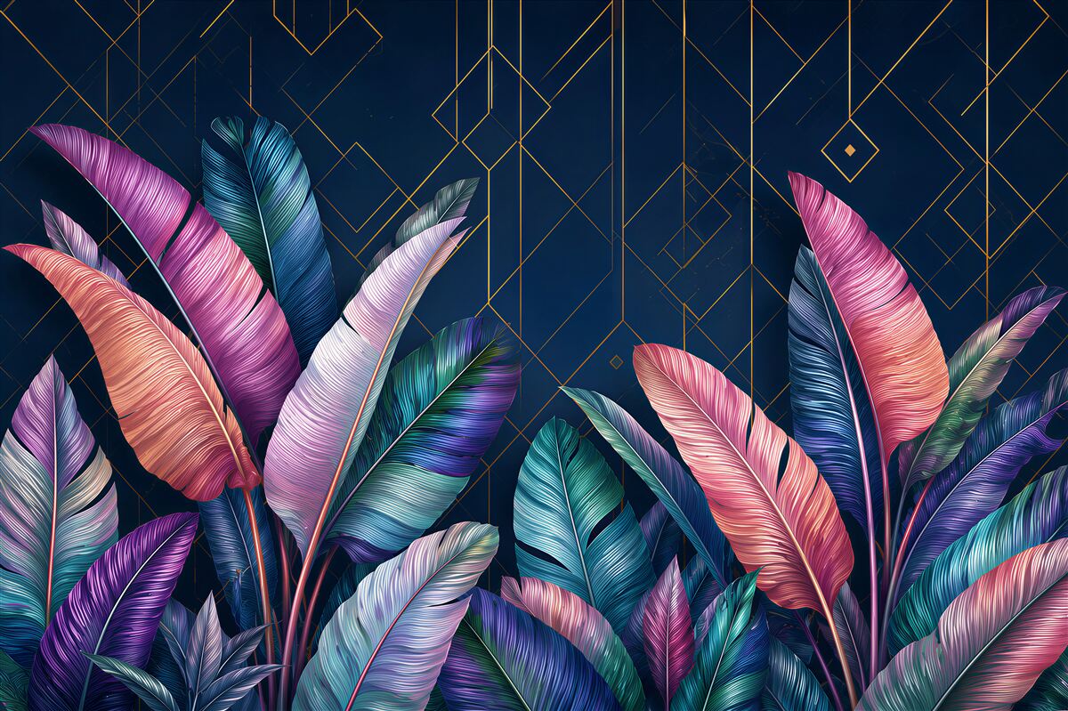 Papier peint Feuilles de fougère aux couleurs vives la nuit