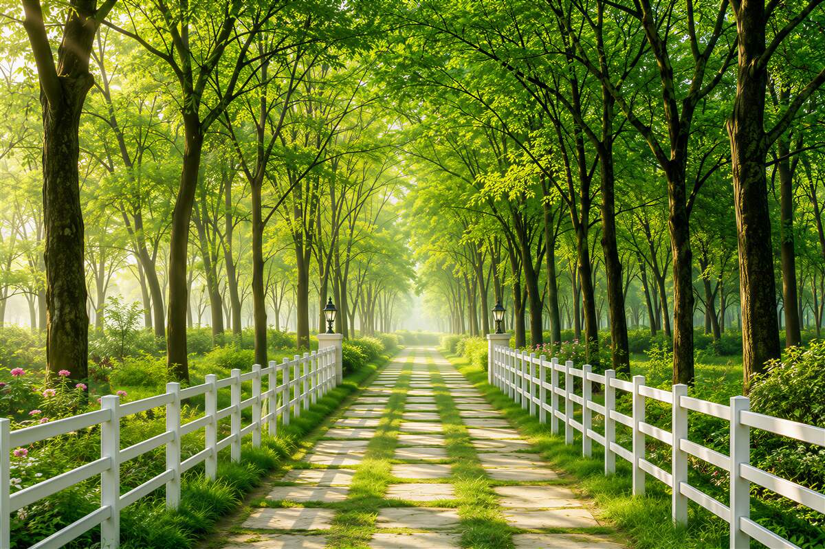 Papier peint Dense forêt verte et chemin fleuri
