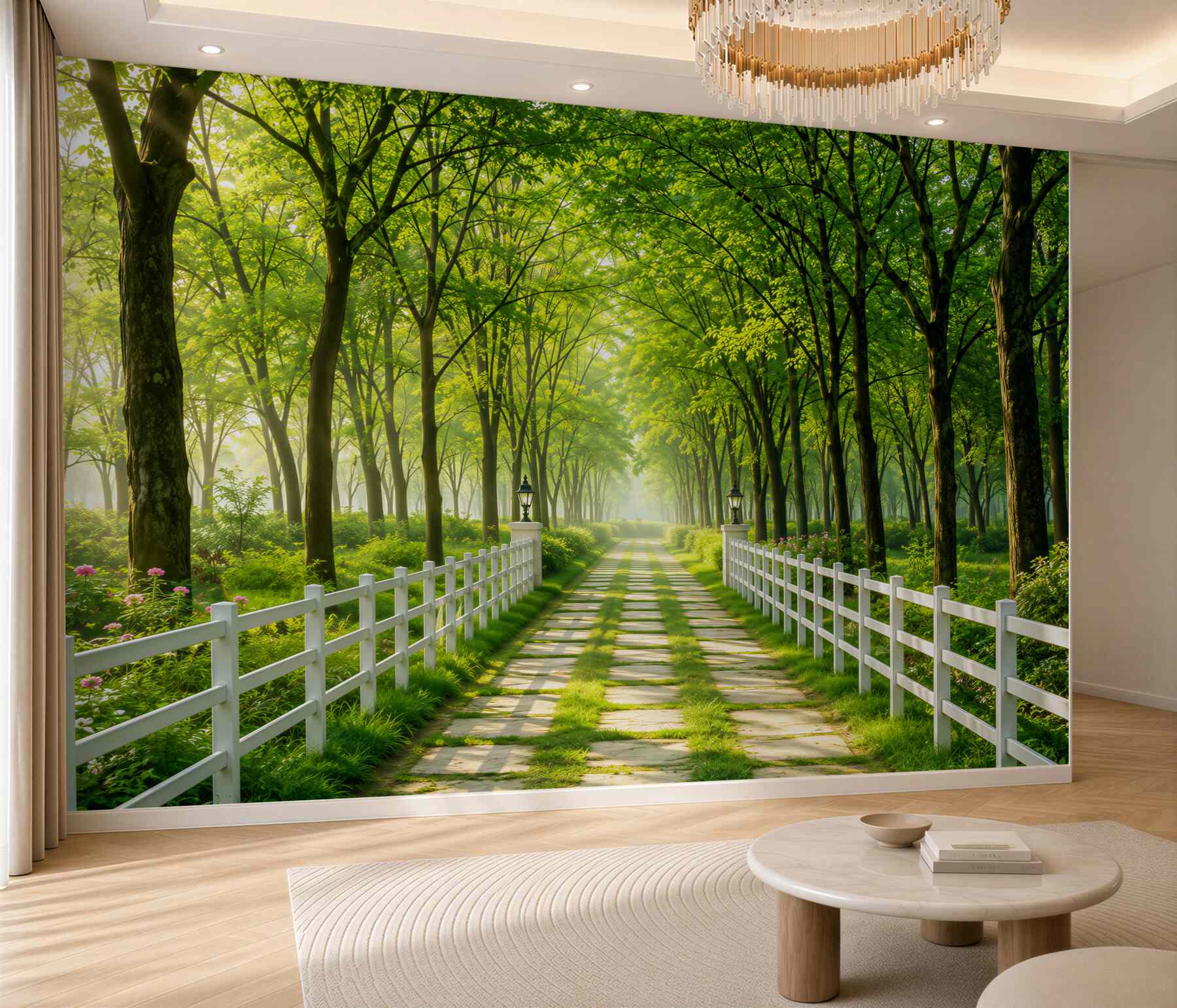 Papier peint Dense forêt verte et chemin fleuri