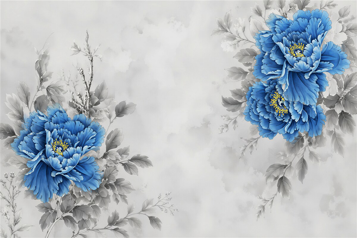Papier peint Fleurs bleues sur fond gris