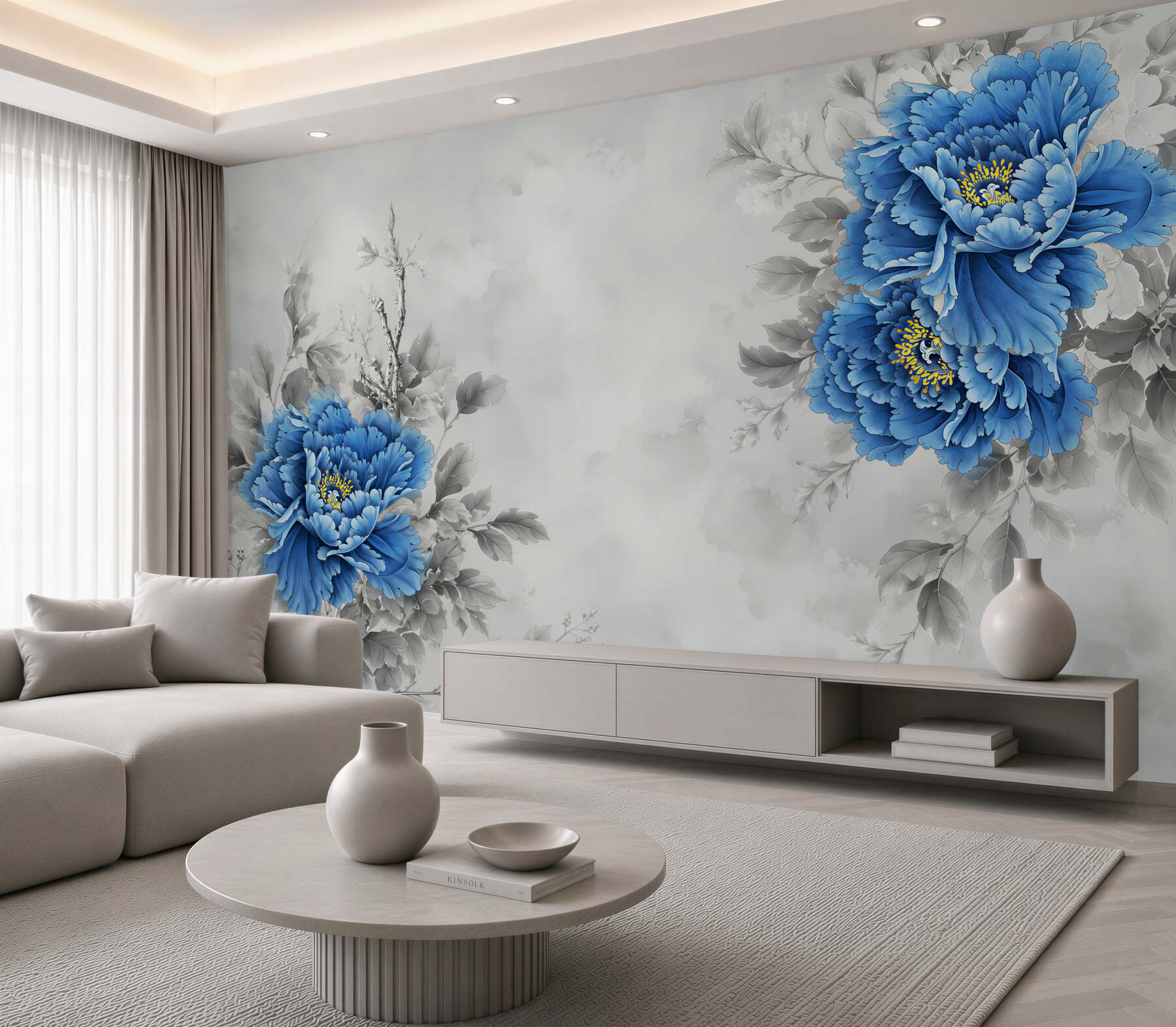 Papier peint Fleurs bleues sur fond gris