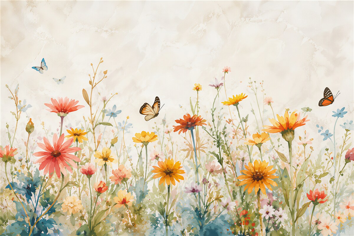 Papier peint Papillons sur des fleurs à l'aube