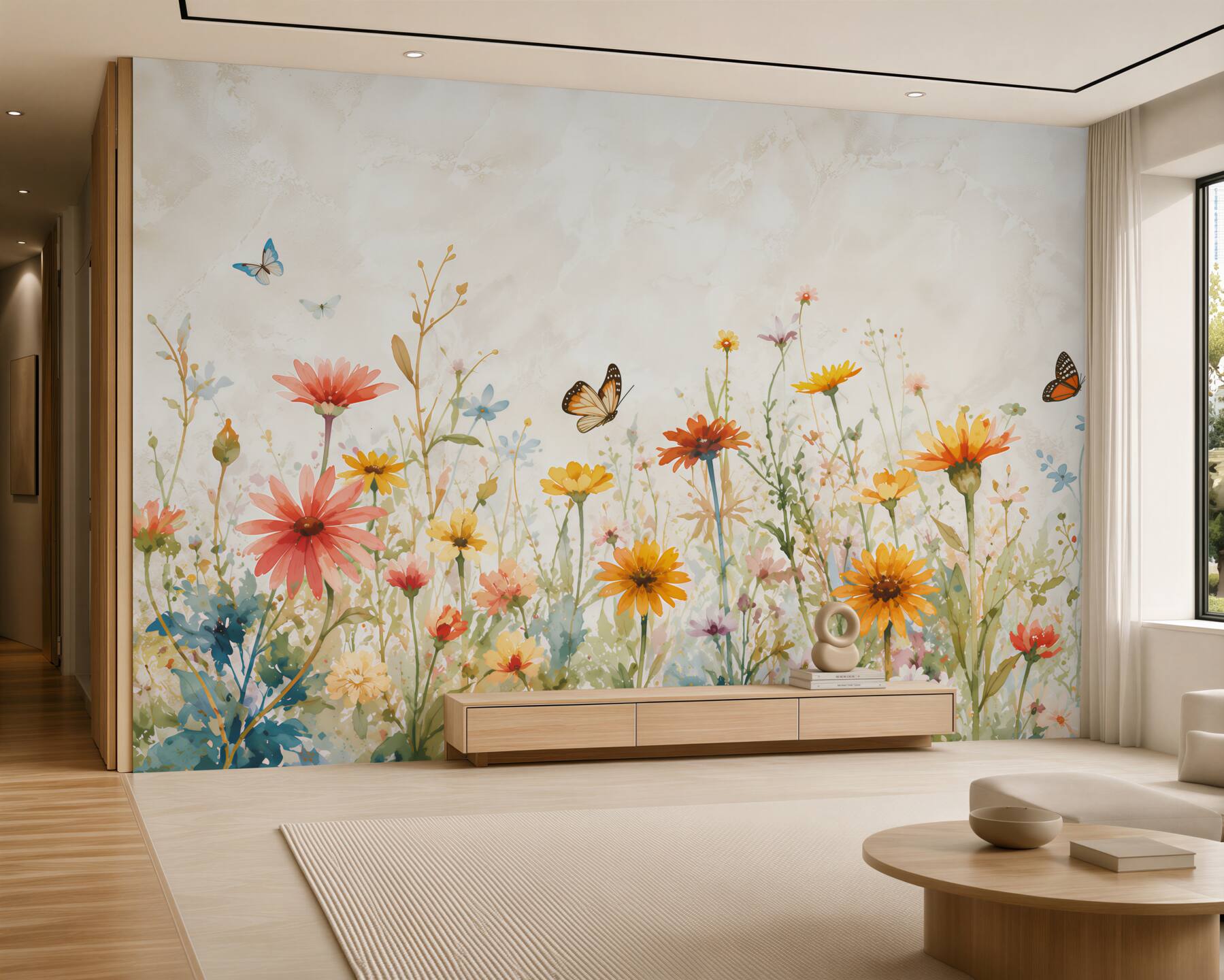 Papier peint Papillons sur des fleurs à l'aube