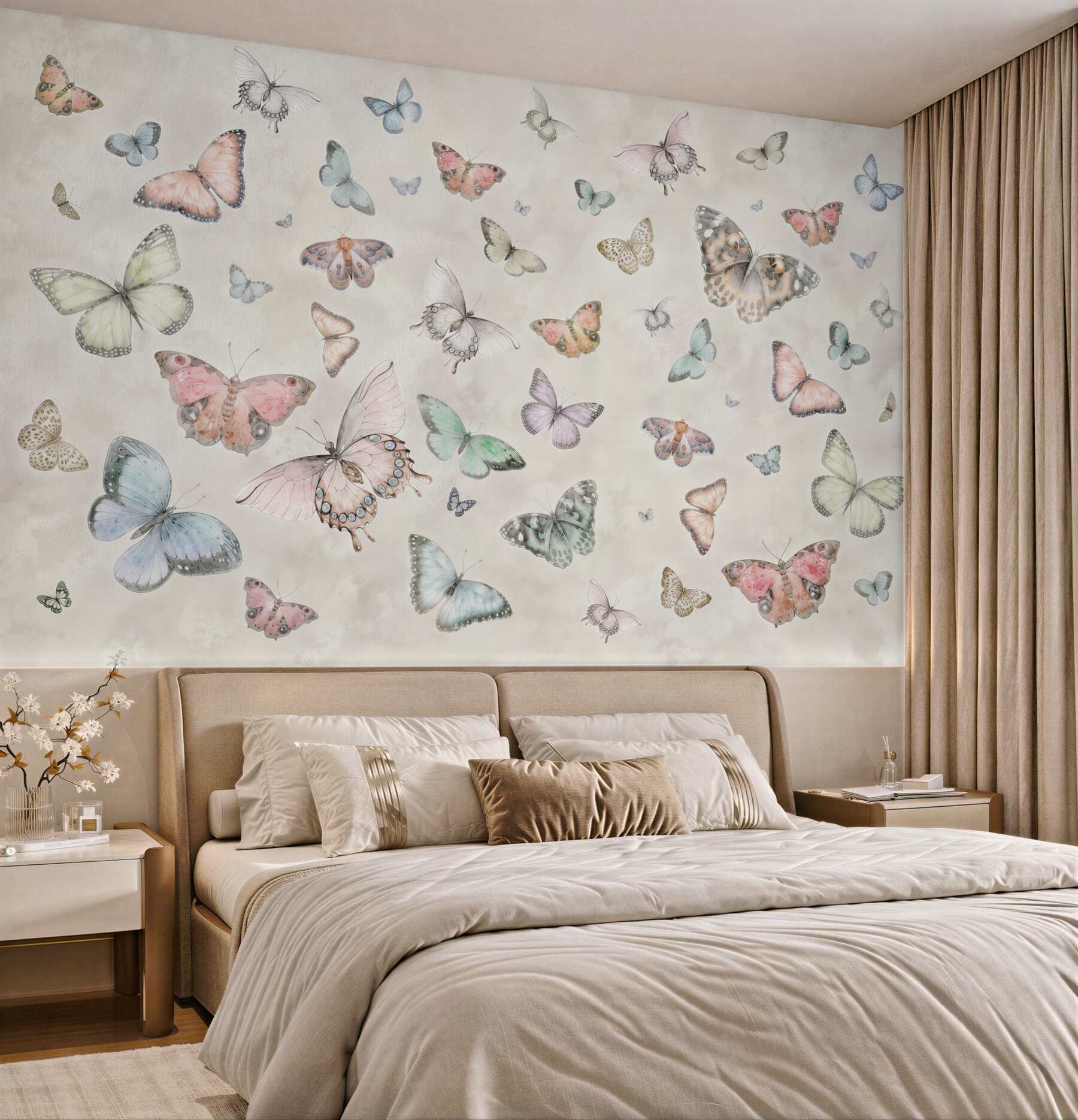 Papier peint Papillons clairs sur fond gris