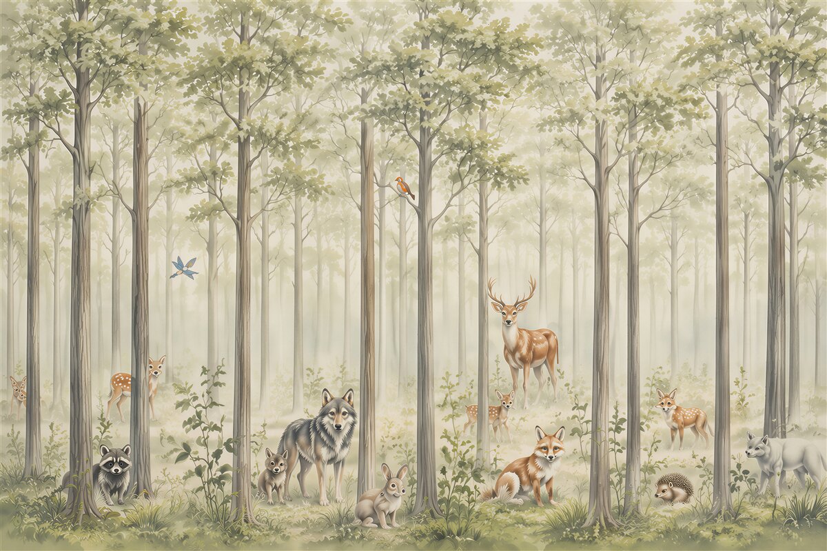 Papier peint forêt feuillue élancée et ses habitants