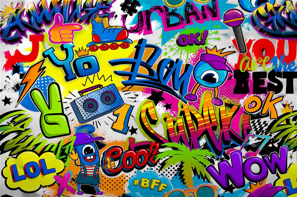 Papier peint graffiti pastel avec rouleau et boombox pour chambre d'adolescent