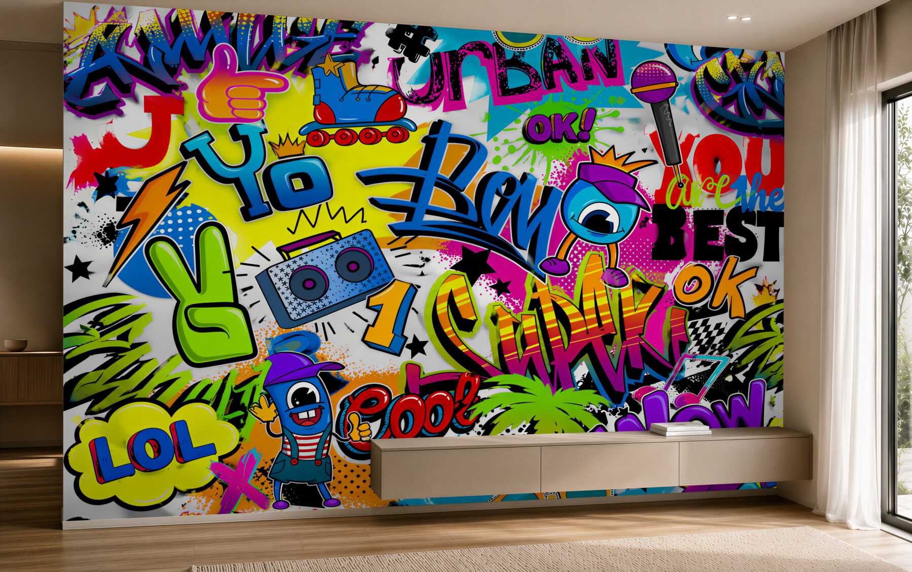 Papier peint graffiti pastel avec rouleau et boombox pour chambre d'adolescent