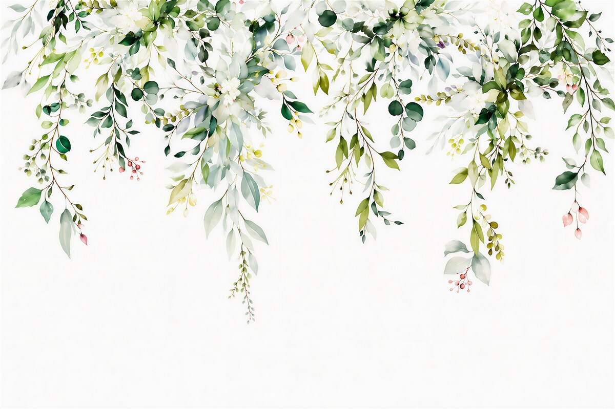Papier peint branches suspendues et fleurs blanches en vert pastel