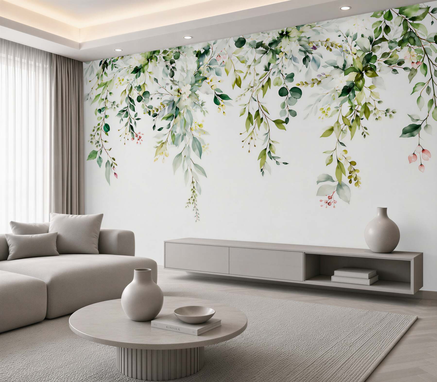 Papier peint branches suspendues et fleurs blanches en vert pastel