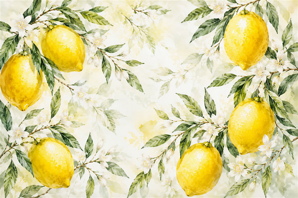 Papier peint citrons sur des branches avec des fleurs aquarelle composition fraîche