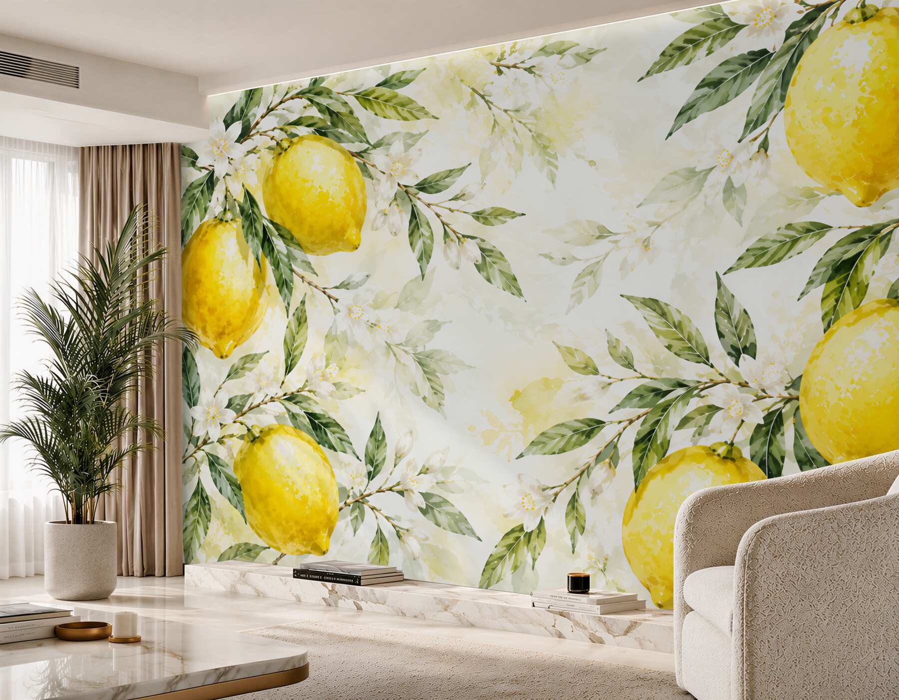 Papier peint citrons sur des branches avec des fleurs aquarelle composition fraîche