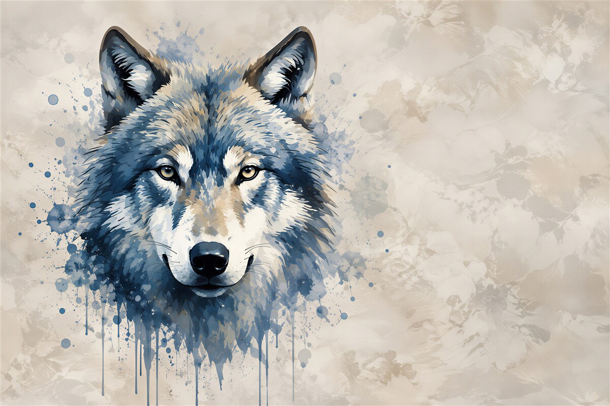 Papier peint loup gris portrait aquarelle décoration murale moderne