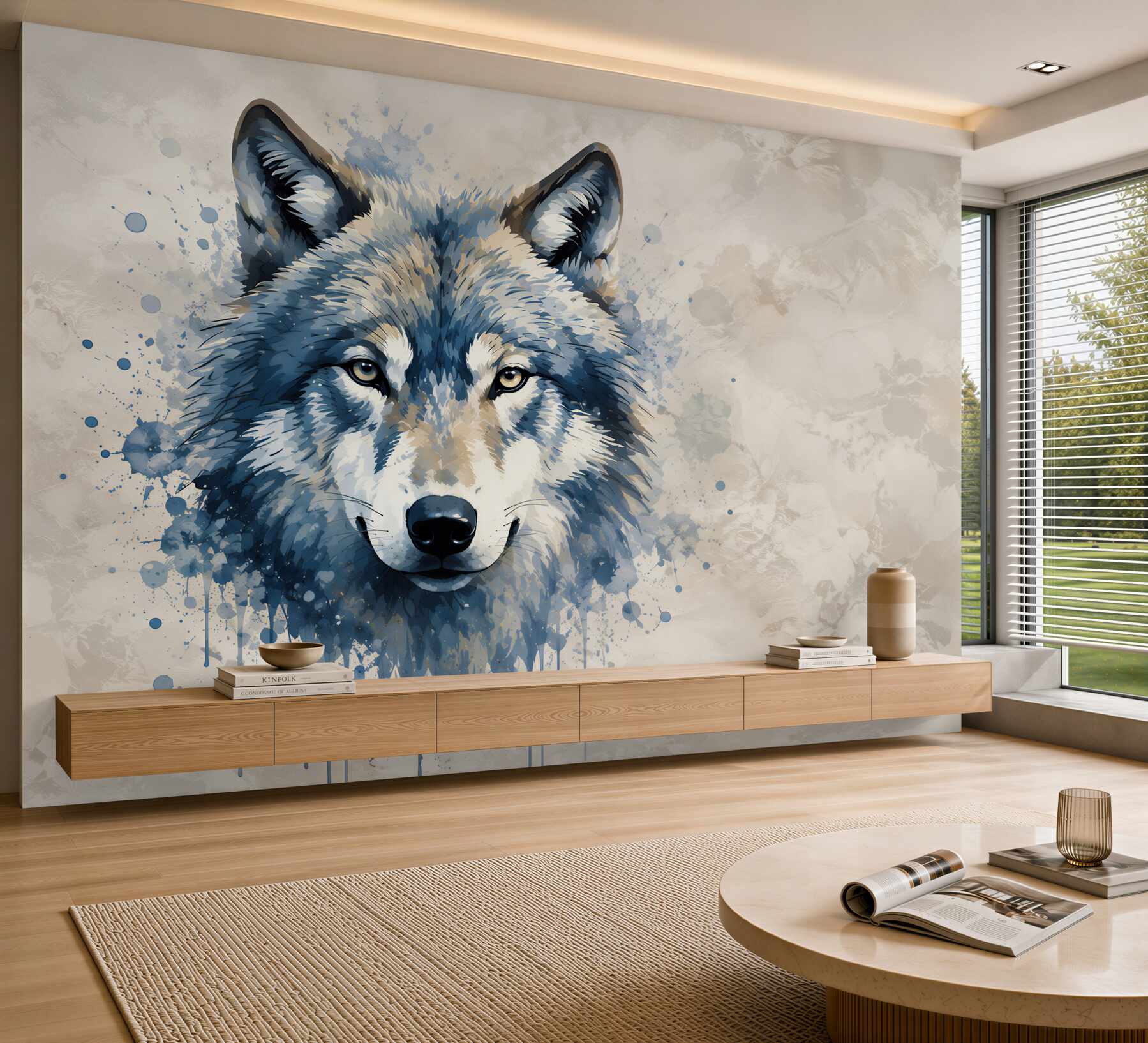 Papier peint loup gris portrait aquarelle décoration murale moderne