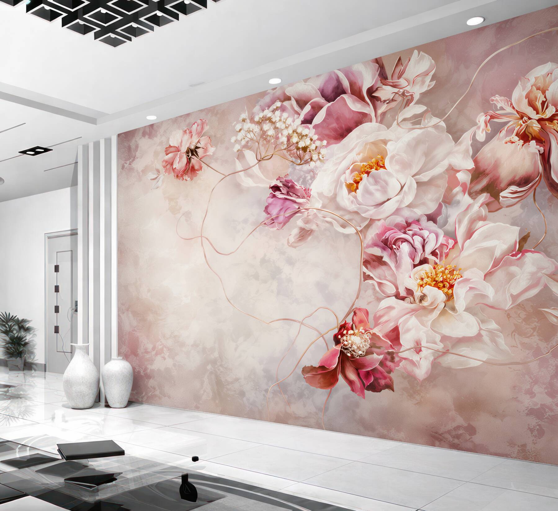 Papier peint fleurs pastel de pivoines sur fond clair romantique
