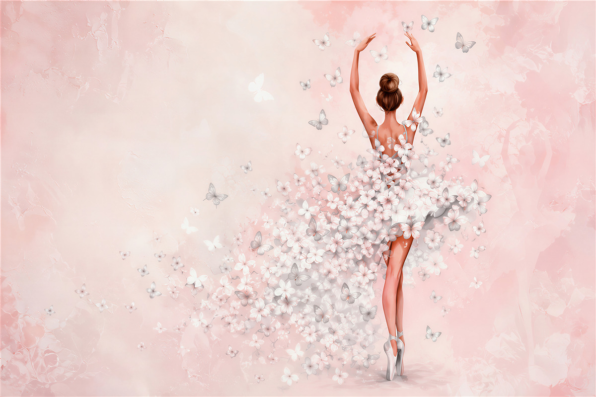 Papier peint ballerine avec papillons pastel rose pour la chambre de fille