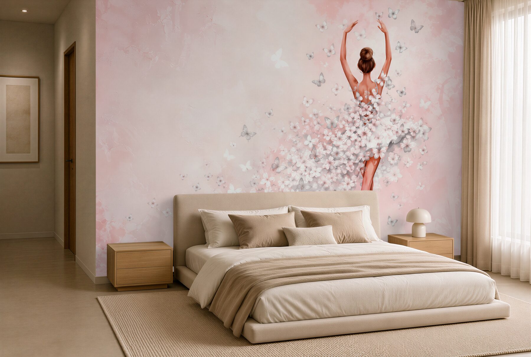 Papier peint ballerine avec papillons pastel rose pour la chambre de fille