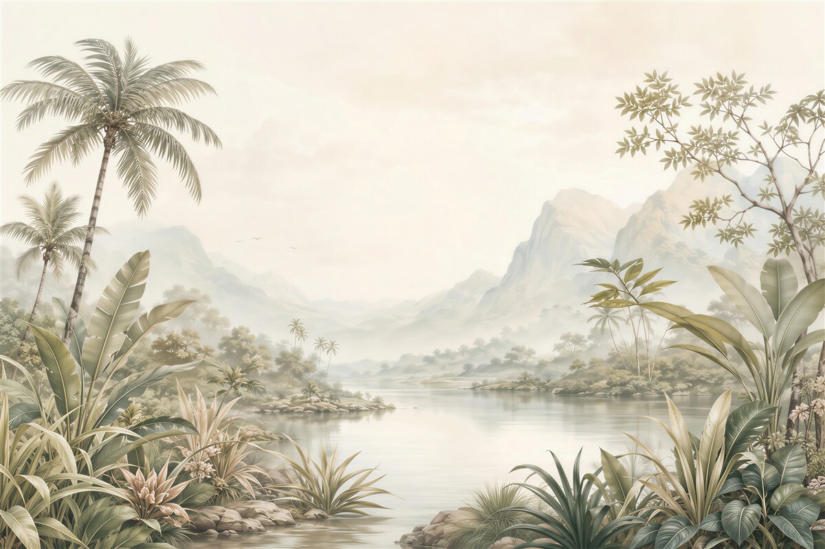 Papier peint Rivière Exotique avec Montagnes