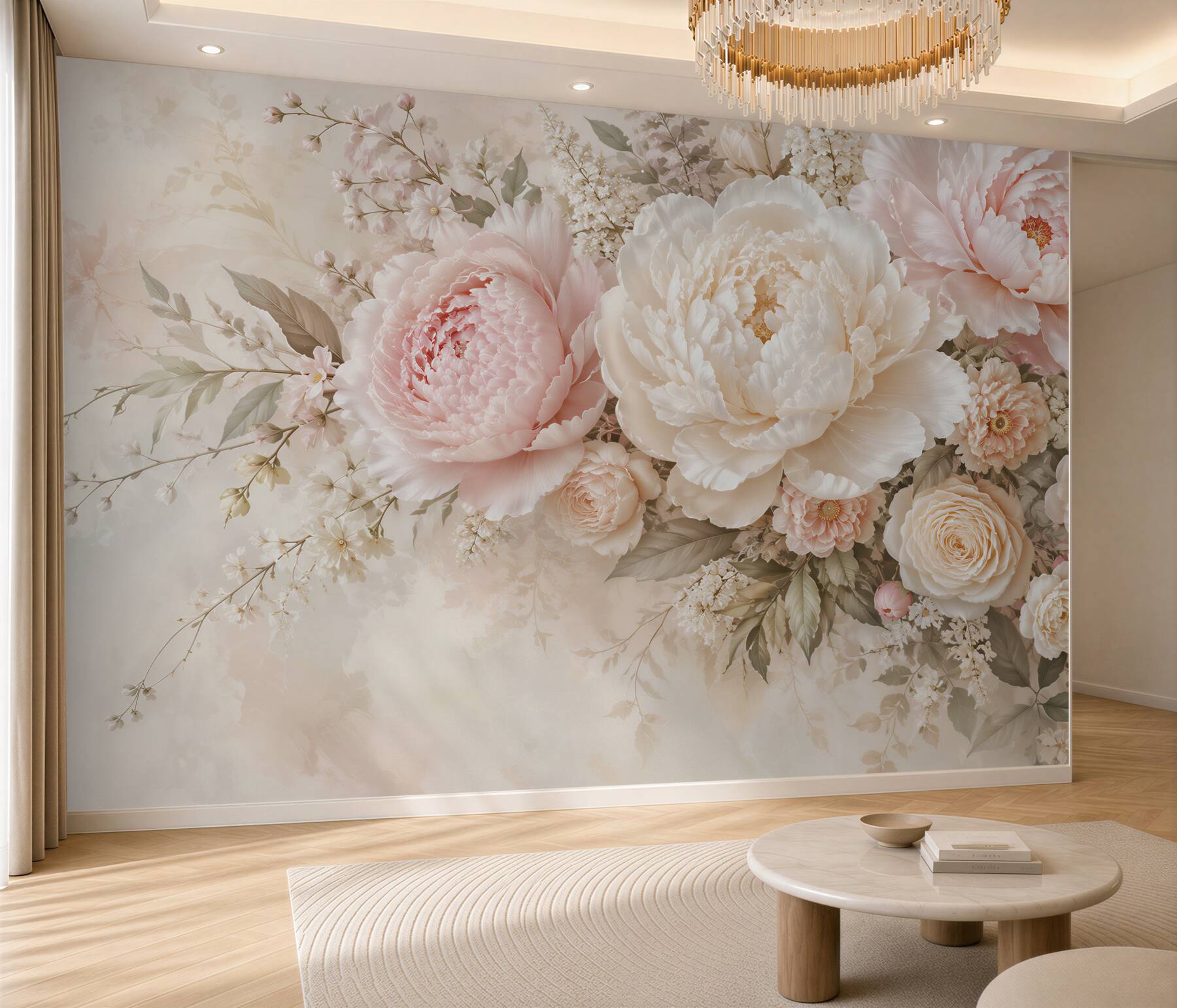 Papier peint Pivoines romantiques en teintes délicates