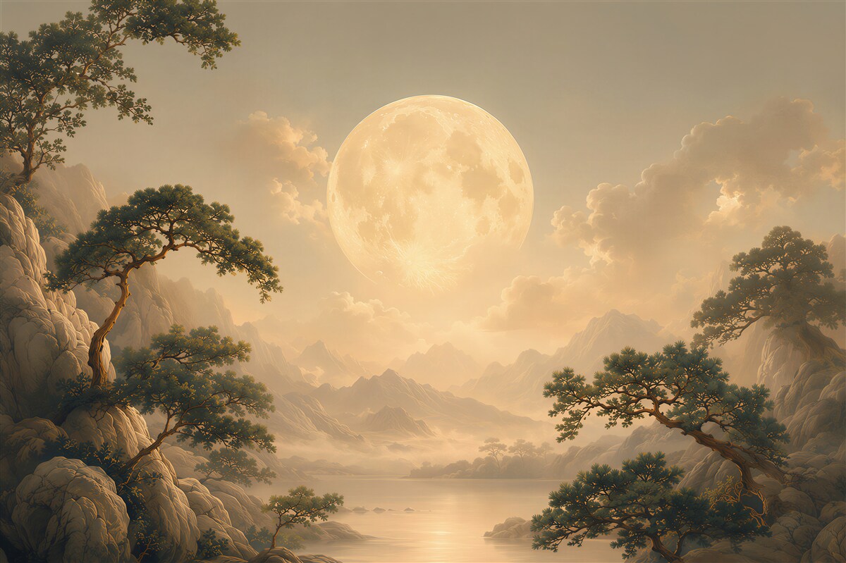 Papier peint Paysage nocturne avec pleine lune