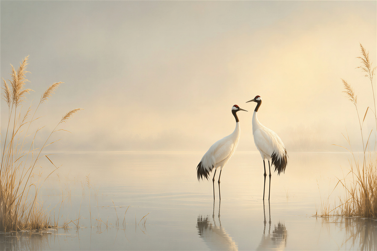Papier peint Grues au bord du lac