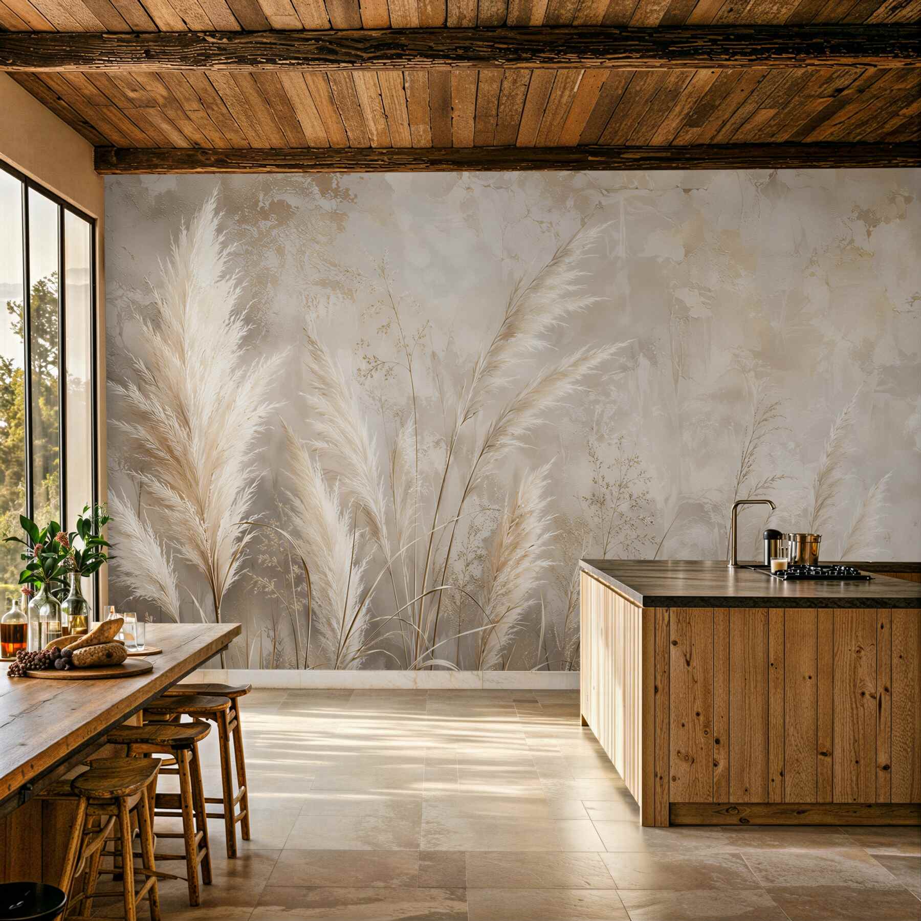 Papier peint Élégante tapisserie avec herbe de la pampa