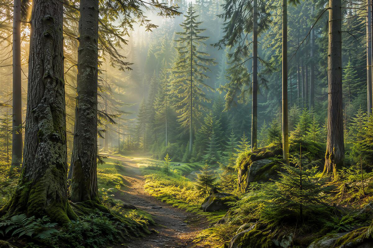 Papier peint Sentier forestier dans les rayons du soleil