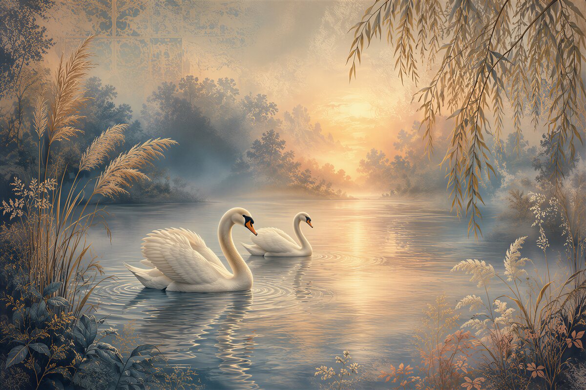 Papier peint Cygnes Romantiques au Coucher de Soleil