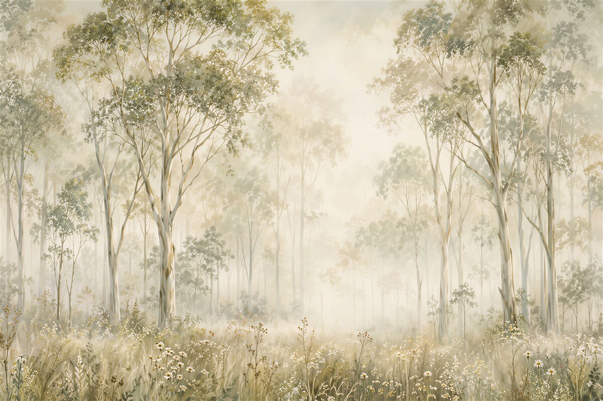 Papier peint forêt brume avec marguerites