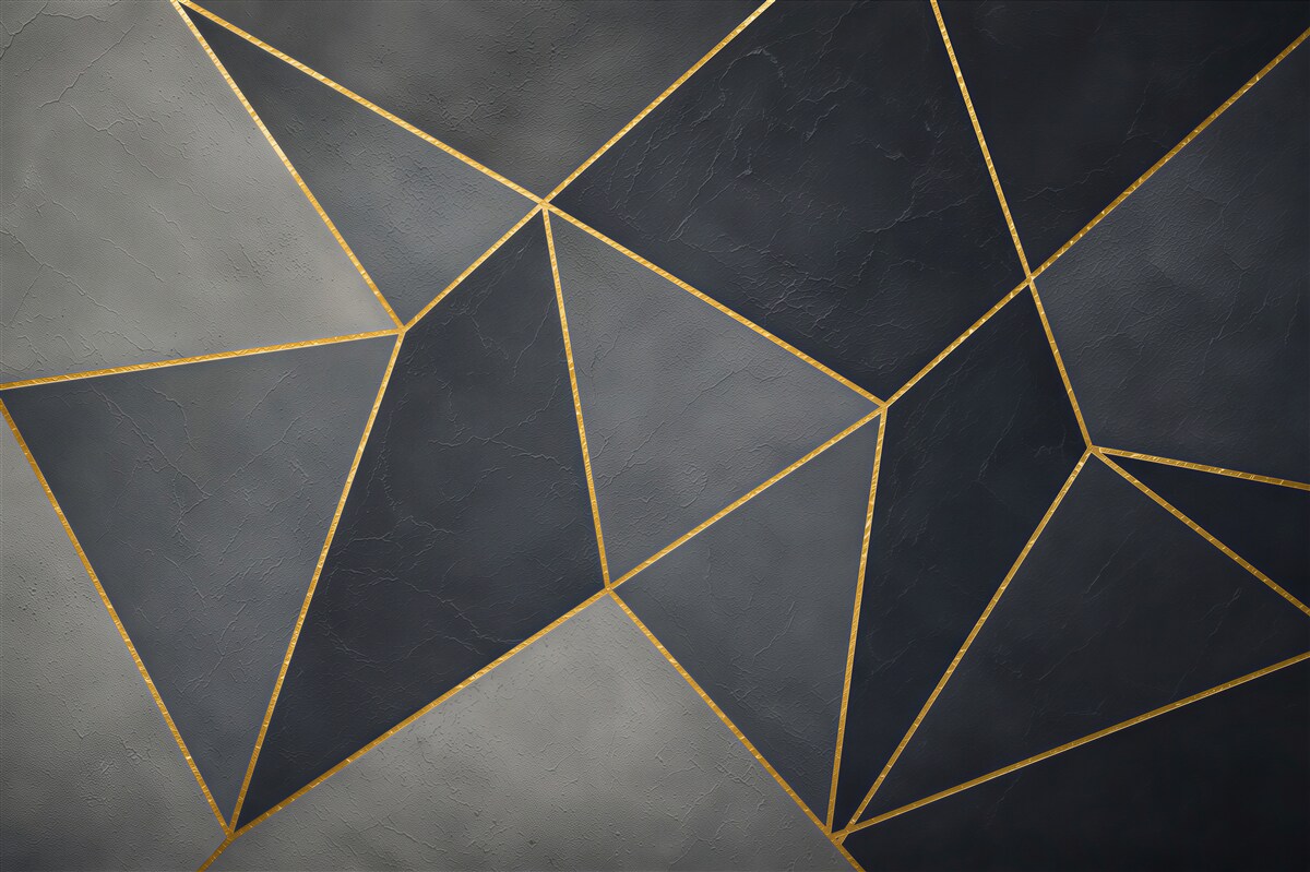 Papier peint triangles géométriques gris et beige avec ligne dorée