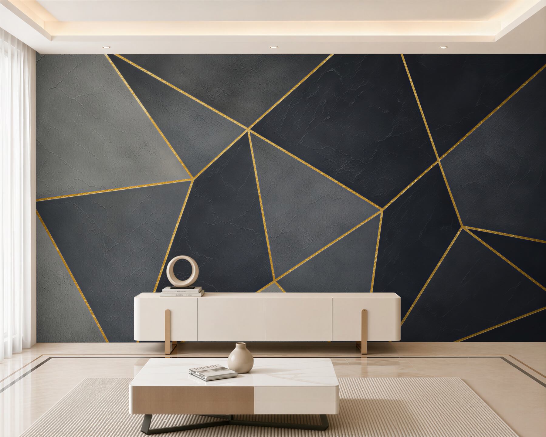 Papier peint triangles géométriques gris et beige avec ligne dorée