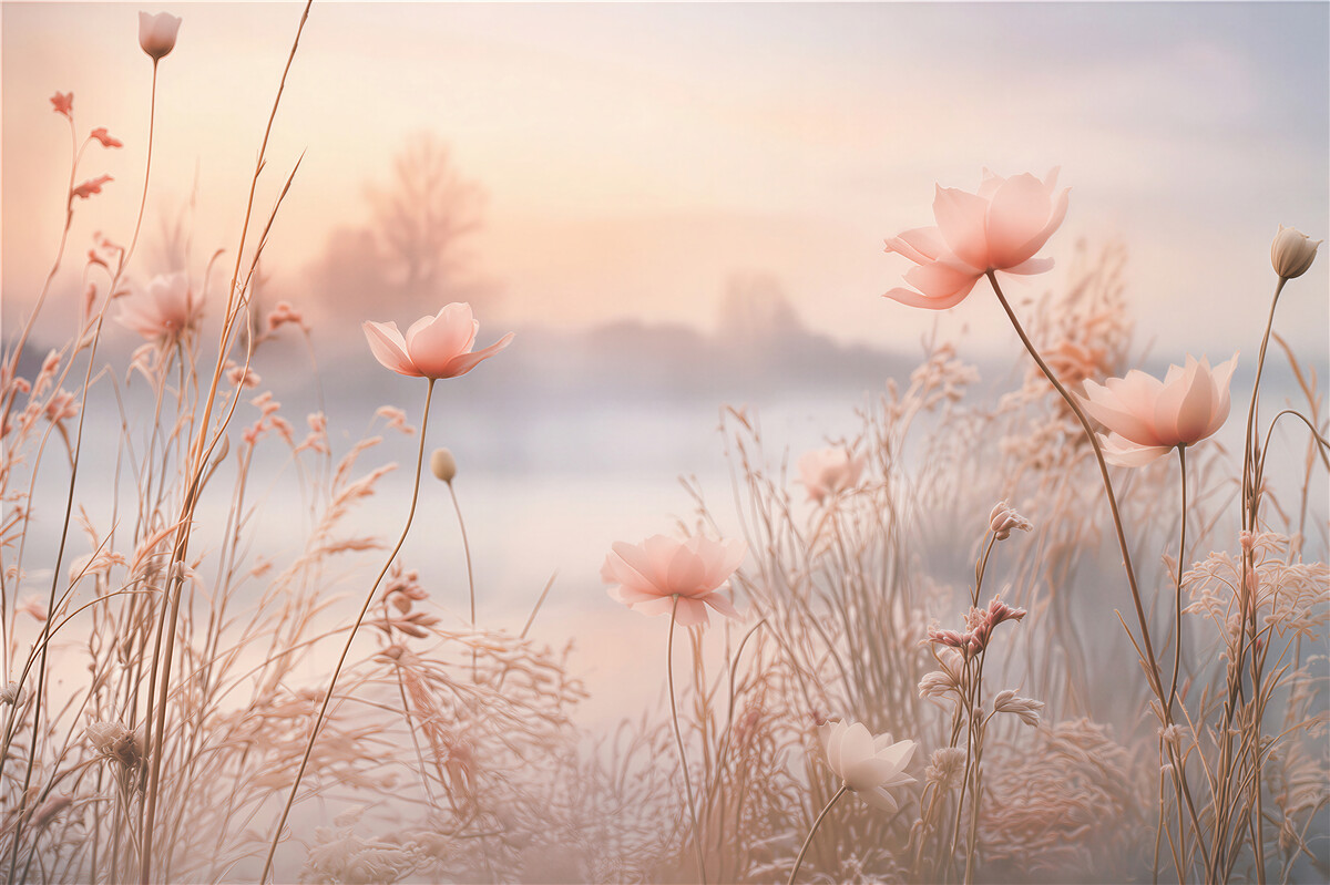 Papier peint fleurs délicates des champs dans la brume beige