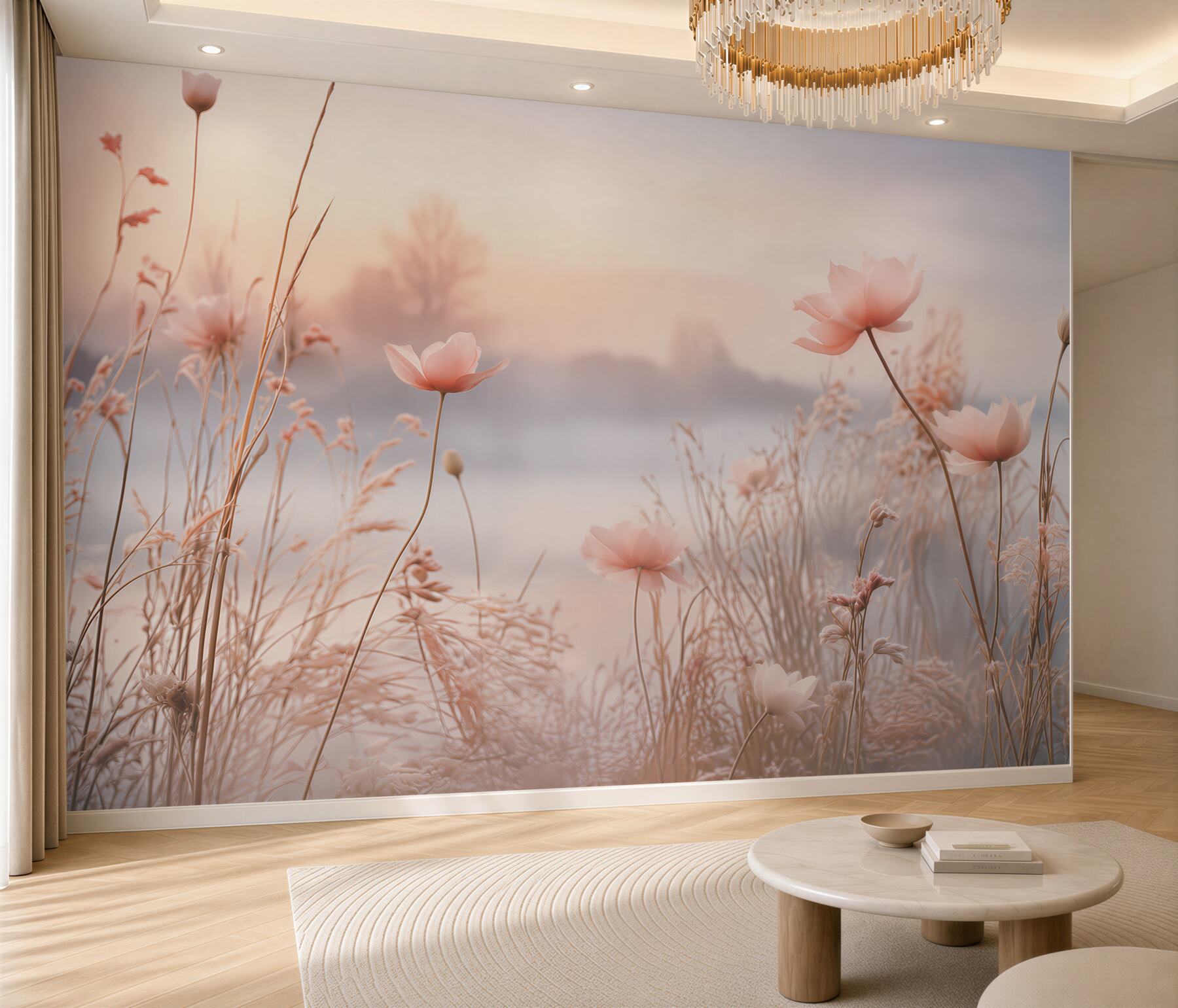 Papier peint fleurs délicates des champs dans la brume beige