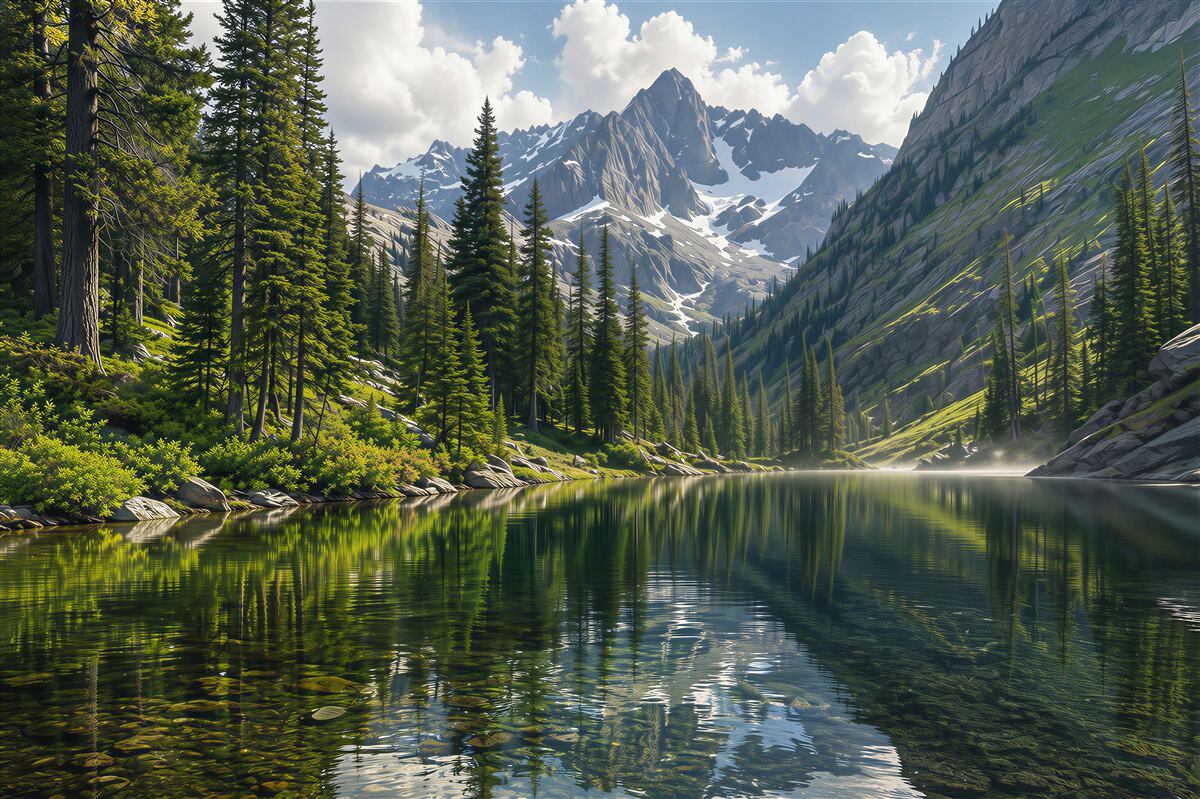 Papier peint lac de montagne à l'aube avec forêt et sommets