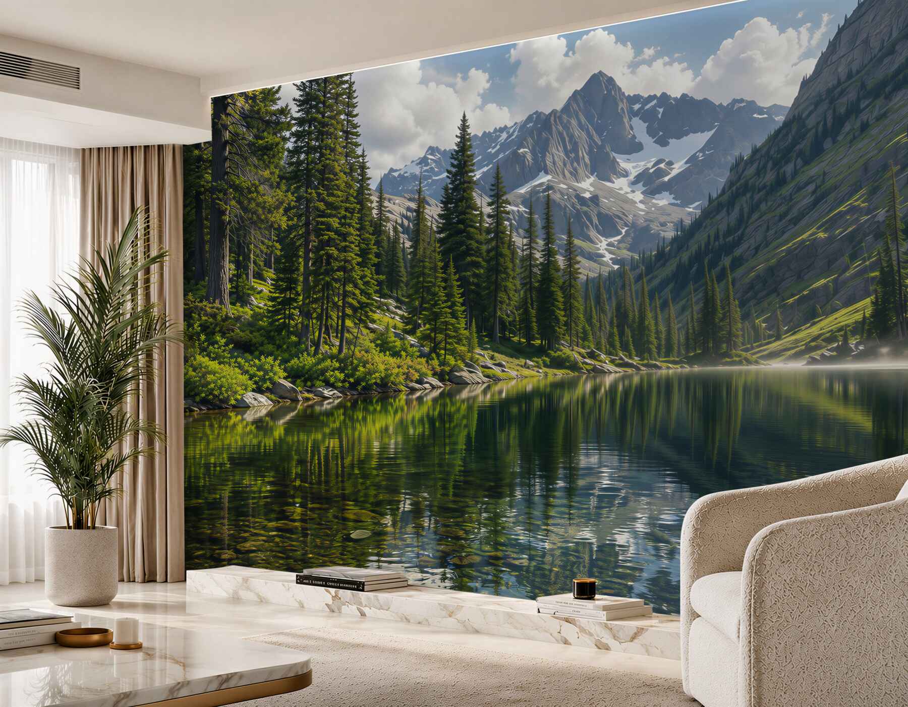 Papier peint lac de montagne à l'aube avec forêt et sommets