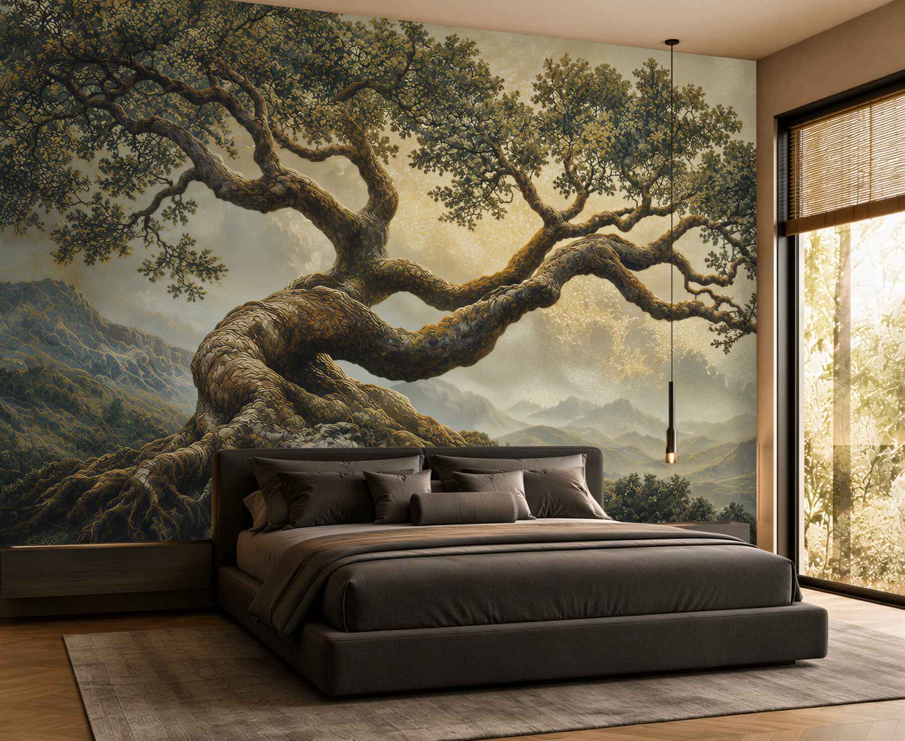 Papier peint vieil arbre tordu dans la brume montagnarde paysage beige