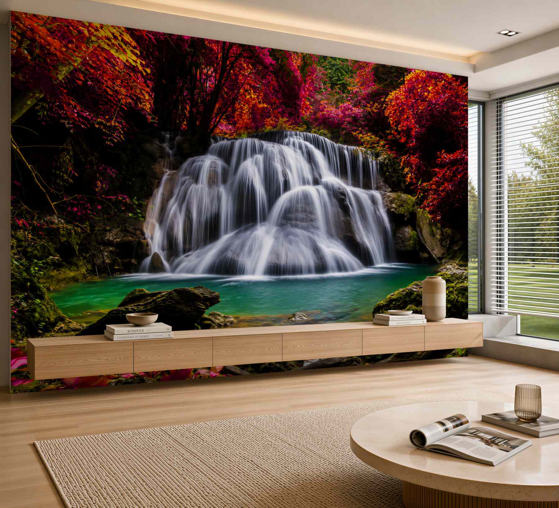 Papier peint cascade forestière avec lagune turquoise et arbres en fleurs