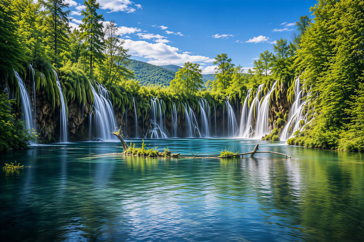 Papier peint cascades panoramiques au-dessus d'un lac bleu paysage de montagne