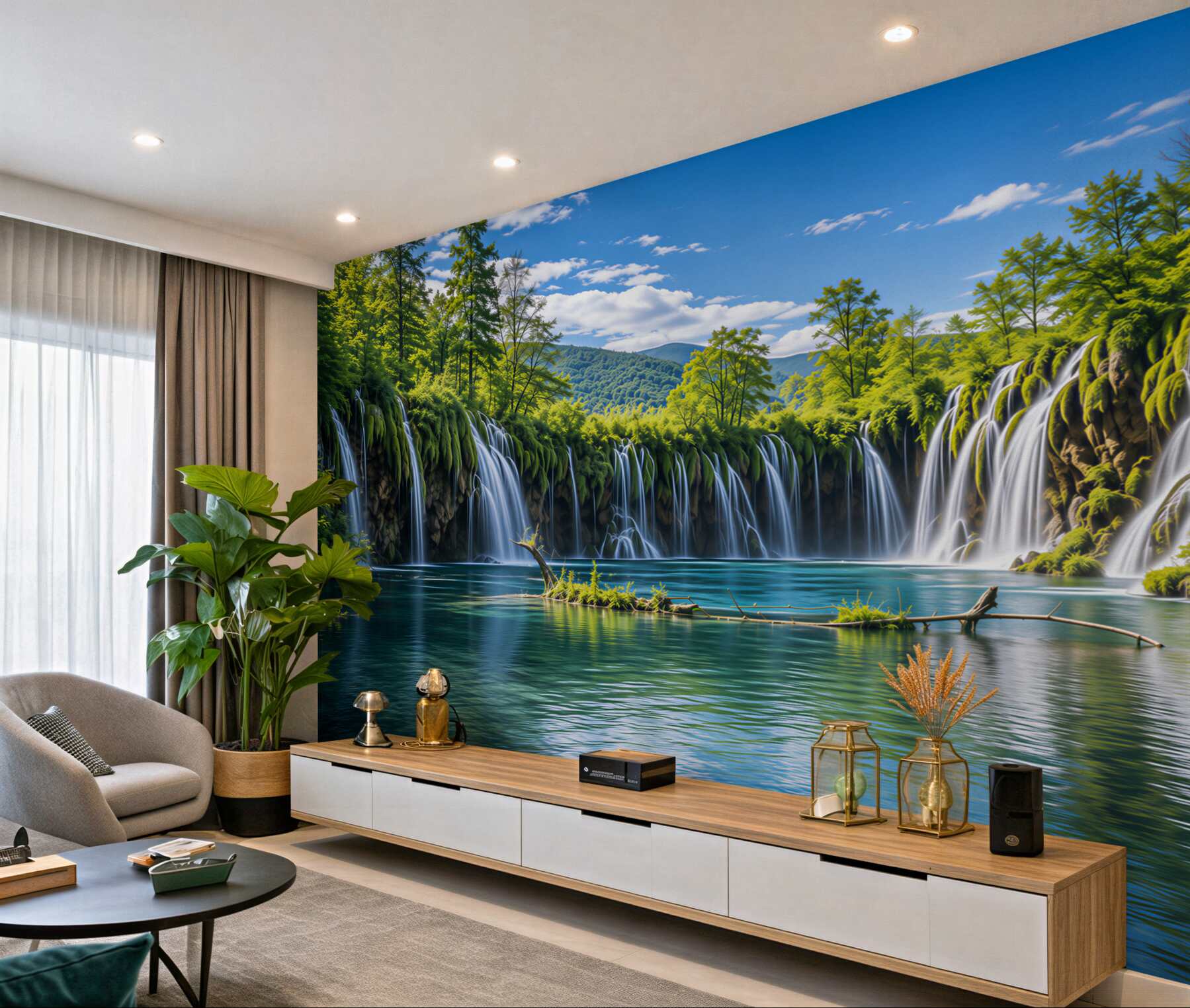 Papier peint cascades panoramiques au-dessus d'un lac bleu paysage de montagne