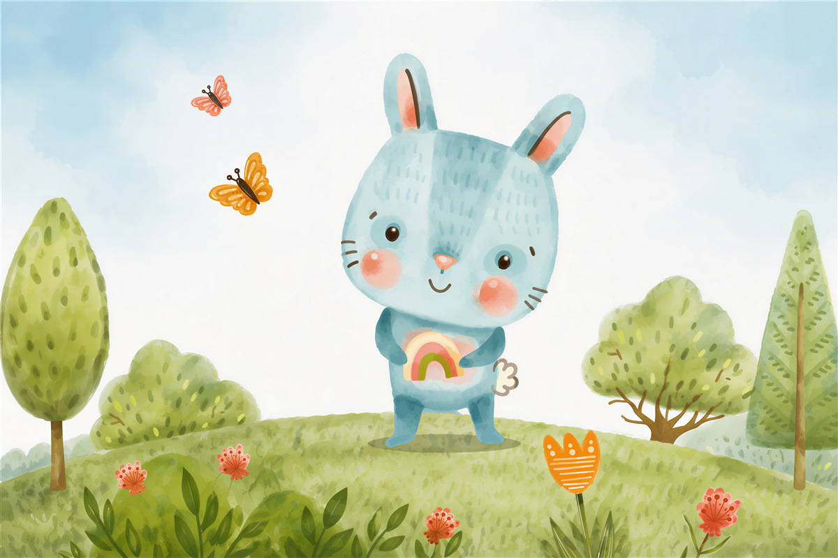 Papier peint Lapin avec un arc-en-ciel dans les pattes